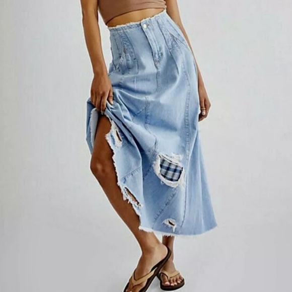 Free People riptide Denim Maxi Midi Skirt Plaid Patched Destroyed Distre…